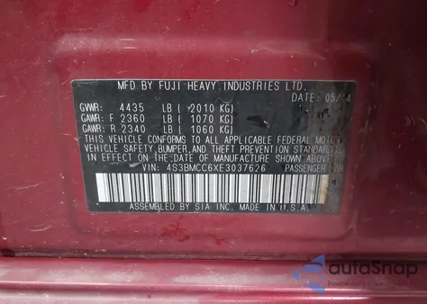 2014 Subaru Legacy 2.5I Premium z USA, uszkodzony, nr VIN 4S3BMCC6XE3037626